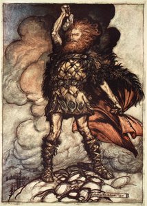 „Jeden z bogów, Donner, przywołuje mgłę”, 1910. autorstwa Arthur Rackham