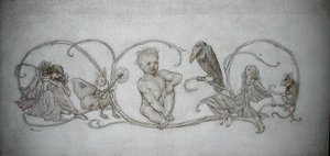 Piotruś Pan, ilustracja z „Peter Pan w Kensington Gardens, Londyn”, opublikowana w 1906 r. (pióro i atrament oraz akwarela na papierze) autorstwa Arthur Rackham