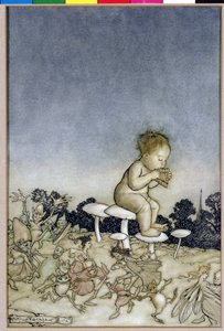 Piotruś Pan to Orkiestra Wróżek, ilustracja z Piotruś Pan w Kensington Gardens, J.M. Barrie, 1806 (pióro i atrament i toaleta na papierze) autorstwa Arthur Rackham