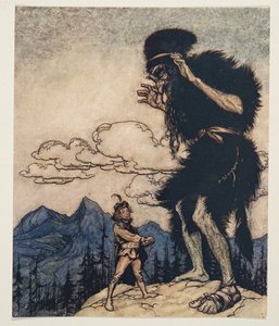 Wyciągając kawałek miękkiego sera z kieszeni, ściskał go aż do wyczerpania wilgoci…z The Fairy Tales of the Brothers Grimm, pub. 1909 autorstwa Arthur Rackham
