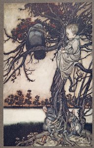 Przedstaw swoją dziwną sprawę przed Old Solomon Caw, z Piotrusia Pana w Kensington Gardens JM Barrie (1860 - 1937), wyd. 1906 autorstwa Arthur Rackham