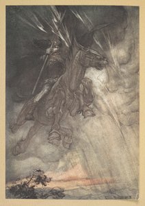 „Wściekły, Wotan jedzie do Skały! Nadchodzi jak burza!” autorstwa Arthur Rackham
