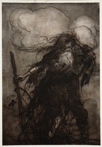 Rip się budzi. Pewnie, chociaż on, nie spałem tu całą noc? Och! Ta dzban! Ta nikczemna dzban! Jaką wymówkę mam przed Dame Van Winkle? z Rip Van Winkle przez Washington Irving, wyd. 1910 autorstwa Arthur Rackham