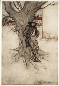 Rips syn, dokładny odpowiednik samego siebie, gdy wspinał się na górę, z pubu Rip Van Winkle by Washington Irving. 1910 autorstwa Arthur Rackham