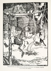 Wokół ogniska niewypowiedzianie śmieszny człowieczek skakał, podskakiwał na jednej nodze i śpiewał z pubu The Fairy Tales of the Brothers Grimm. 1909
