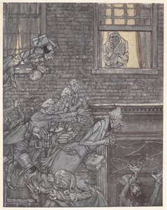 Scrooge w swoim oknie obserwując duchy na ulicy poniżej autorstwa Arthur Rackham