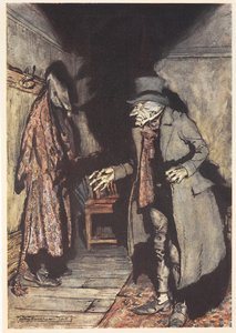 Scrooge w swoim domu w nocy autorstwa Arthur Rackham