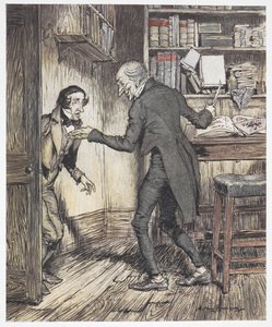 Scrooge pisze w swoim biurze, gdy wchodzi inny mężczyzna autorstwa Arthur Rackham