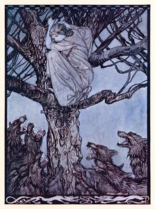 Spojrzała z gniewnym żalem na napiętą i warczącą hordę poniżej. z Zaloty Becfola w irlandzkich bajkach autorstwa Arthur Rackham