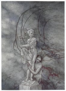 „Objęła ramionami marmurową figurę, która była tak podobna do księcia”. Ilustracja do bajki „Mała syrenka”. autorstwa Arthur Rackham