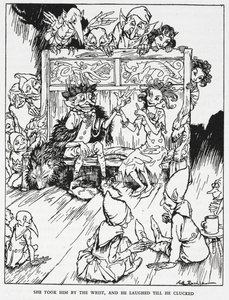 „Wzięła go za nadgarstek, a on śmiał się, aż cmoknął”. Elfickie dziewice i gobliny. Ilustracja do „elfiego wzgórza”. autorstwa Arthur Rackham