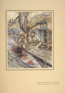 „Wsadź to sobie pod stopę” — zwrócił się (Ratty) do kreta, gdy wrzucał go do łodzi. autorstwa Arthur Rackham