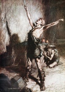 Zygfryd wykuwa swój miecz. Ilustracja do Zygfryda i Zmierzchu bogów autorstwa Richarda Wag autorstwa Arthur Rackham