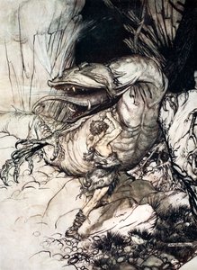 „Zygfryd zabija Fafnera”, 1924. autorstwa Arthur Rackham