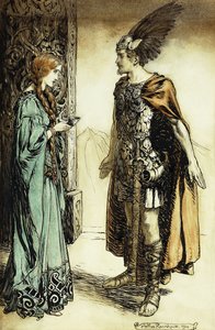 Zygfryd spotyka Gutrune: Zmierzch bogów, 1911 autorstwa Arthur Rackham