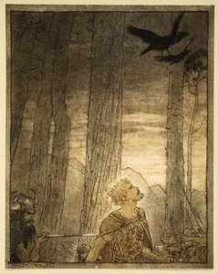 Śmierć Zygfryda, ilustracja z filmu "Zygfryd i zmierzch bogów autorstwa Arthur Rackham