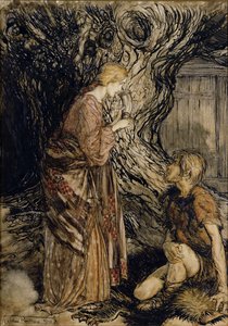 Siegmund i Sieglinde, Ilustracja z Złota Renu i Walkirii Richarda Wagnera, Heinemann, 1910 (pióro i atrament z wc na papierze) autorstwa Arthur Rackham