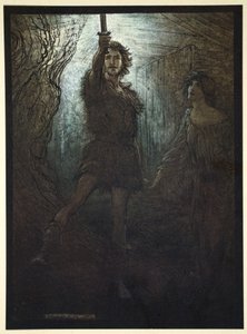 — Widzisz Siegmunda Walsunga! Jako prezent dla narzeczonej przynosi ci swój miecz”, 1910. autorstwa Arthur Rackham