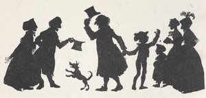 Sylwetka młodego chłopca i mężczyzny witających ludzi w drodze do domu z kościoła. autorstwa Arthur Rackham
