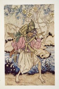 Sinbad niósł na ramionach Starego Człowieka Morza z pubu The Arthur Rackham Fairy Book. 1933 autorstwa Arthur Rackham