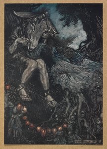 Śpij, a ja owinę cię w ramionach”. Dół i Tytania. Kadr z filmu „Sen nocy letniej”. autorstwa Arthur Rackham