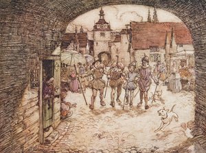 Tak więc czterej bracia wzięli swoje kije do rąk, pożegnali się z ojcem i wyszli za bramę miasta, z Baśni braci Grimm, wyd. 1909 autorstwa Arthur Rackham