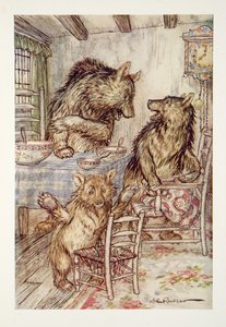 Ktoś siedział na moim krześle i usiadł z niego na dole! powiedział Mały, Mały, Mały Miś z The Arthur Rackham Fairy Book, wyd. 1933 autorstwa Arthur Rackham