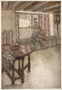 Dziwne nazwiska widniały nad drzwiami – dziwne twarze w oknach – wszystko było dziwne., z pubu Rip Van Winkle w Washington Irving. 1910 autorstwa Arthur Rackham