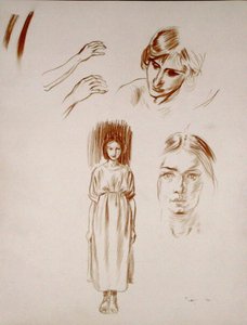 Studia kobiety, twarzy i rąk (sangwina na papierze) autorstwa Arthur Rackham
