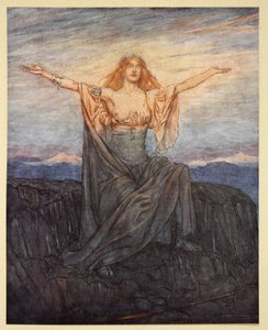 „Słońce, pozdrawiam cię! Witaj światło! Witaj, o chwalebny dzień!”, ilustracja z „Zygfryda i zmierzchu bogów”, 1924 autorstwa Arthur Rackham