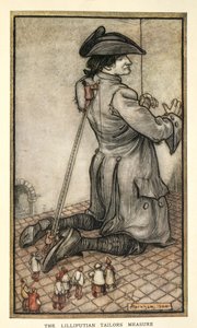 Krawcy Lilliputa mierzący Guliwera, ilustracja z Podróży Guliwera autorstwa Jonathana Swifta, autorstwa Arthura Rackhama autorstwa Arthur Rackham