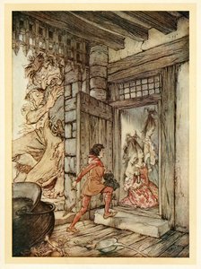 Biorąc klucze do Zamku, Jack otworzył wszystkie drzwi z pubu English Fairy Tales. 1922. autorstwa Arthur Rackham