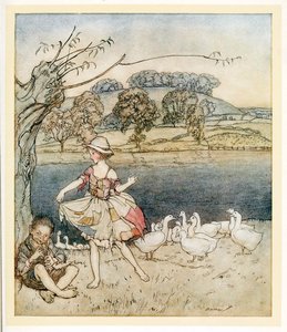 Tattercoats tańczą przy piszczałkach z agrestu, z angielskiego Fairy Tales, pub. 1922. autorstwa Arthur Rackham