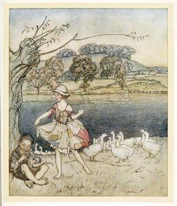 Tattercoats tańczą przy piszczałkach z agrestu, z angielskiego Fairy Tales, pub. 1922 autorstwa Arthur Rackham