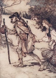 Żebrak wziął ją za rękę i wyprowadził z pubu The Fairy Tales of the Brothers Grimm. 1909 autorstwa Arthur Rackham