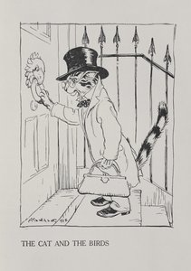 Kot i ptaki, ilustracja z „Bajek Ezopa”, wydanej przez Heinemanna, 1912 autorstwa Arthur Rackham