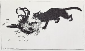 Kot i kogut, ilustracja z „Bajek Ezopa”, wydanej przez Heinemanna, 1912 autorstwa Arthur Rackham