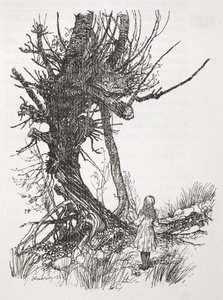 Kot z Cheshire na drzewie patrzący z góry na Alice autorstwa Arthur Rackham