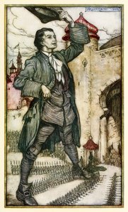 Cesarz Liliputu dokonuje przeglądu swoich wojsk z części I: Podróż do Liliputu w Podróżach Guliwera Jonathana Swifta autorstwa Arthur Rackham