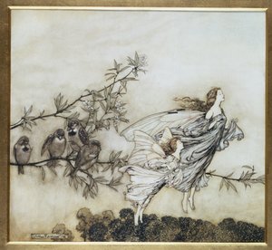 Wróżki mają swój Tiff z ptakami, 1906 ilustracja do Piotrusia Pana w Kensington Gardens autorstwa J.M. Barrie, wyd. 1906 (atrament i toaleta)