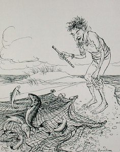 The Fisherman Oruring, ilustracja z „Bajek Ezopa”, wydanej przez Heinemann autorstwa Arthur Rackham