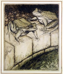 Żaby i studnia, ilustracja z Bajek Ezopów, wydana w 1912 r. (pióro i atrament i toaleta na papierze) autorstwa Arthur Rackham