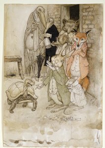 Zając i żółw, ilustracja z Bajek Ezopa, wyd. Heinemann, 1912 (pióro i atrament, wc na papierze)