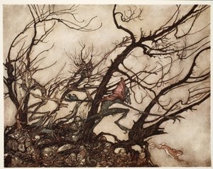 Indianie uważali je za siedzibę duchów., z Rip Van Winkle przez Washington Irving, wyd. 1910 autorstwa Arthur Rackham