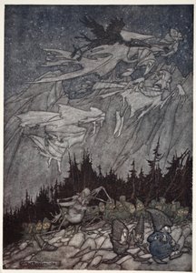 Góry Kaatskill zawsze były nawiedzane przez dziwne istoty, od Rip Van Winkle po Washington Irving, pub. 1910 autorstwa Arthur Rackham