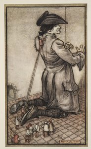 Liliputowie krawcy mierzą Guliwera na nowy strój, z Gullivers Travels by Jonathon Swift (1667 - 1745), wyd. 1909 autorstwa Arthur Rackham