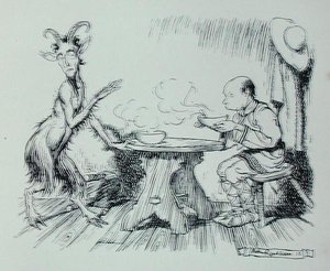 Człowiek i koza, ilustracja z „Bajek Ezopa”, wydanej przez Heinemann autorstwa Arthur Rackham