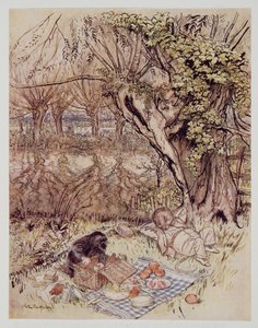 The Mole błagał o przysługę, aby pozwolić mu rozpakować wszystko sam, z Wind in the Willows Kennetha Grahame