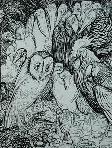 Sowa i ptaki, ilustracja z „Bajek Ezopa”, wydanej przez Heinemann autorstwa Arthur Rackham