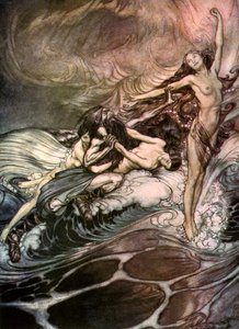 Panny Renu zdobywają pierścień i triumfalnie go znoszą c1911 autorstwa Arthur Rackham